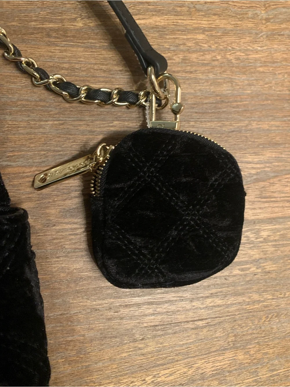 Betsey Johnson Black Quilted Velvet Crossbody with Coin Pouch and Gold Chain